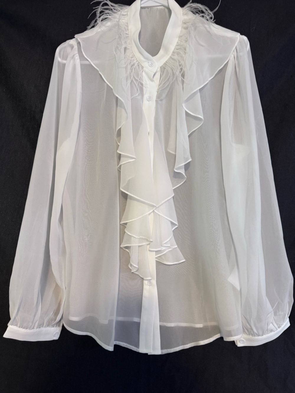 Sheer White Ruffled Women's Blouse Relaxed Fit Feathers  Size Large